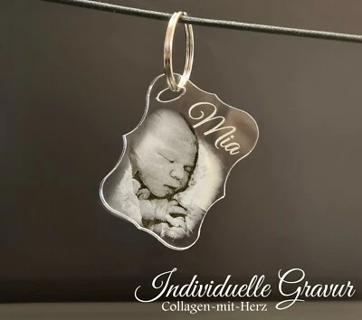 COLLAGEN MIT HERZ Anhänger Schlüssel Acrylglas + Fotogravur Geschenk Valentinstag Hochzeit Liebe