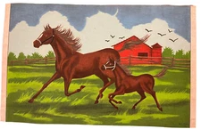 Tri Chem Liquid Embroidery Completed Horse, Colt, Red Barn Picture #8232 12"x18"