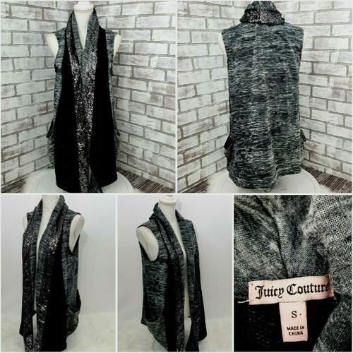 Juicy Couture Cardigan Womens Small Jersey Sleeveless Gray Sequin Vest Pockets - Picture 8 of 11