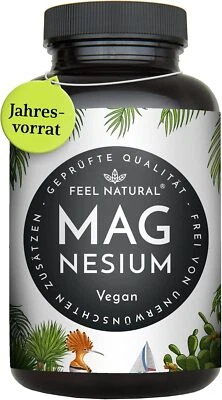 FEEL NATURAL Magnesium Kapseln - 365 Stück (1 Jahr). 664mg je Kapsel, davon 400mg ELEMENTARES
