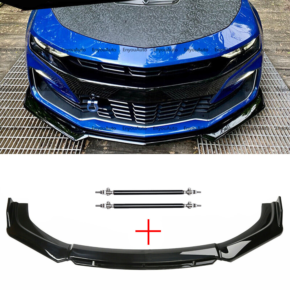 For Chevrolet Corvette Front Bumper Lip Spoiler + Strut Rods Glossy Black