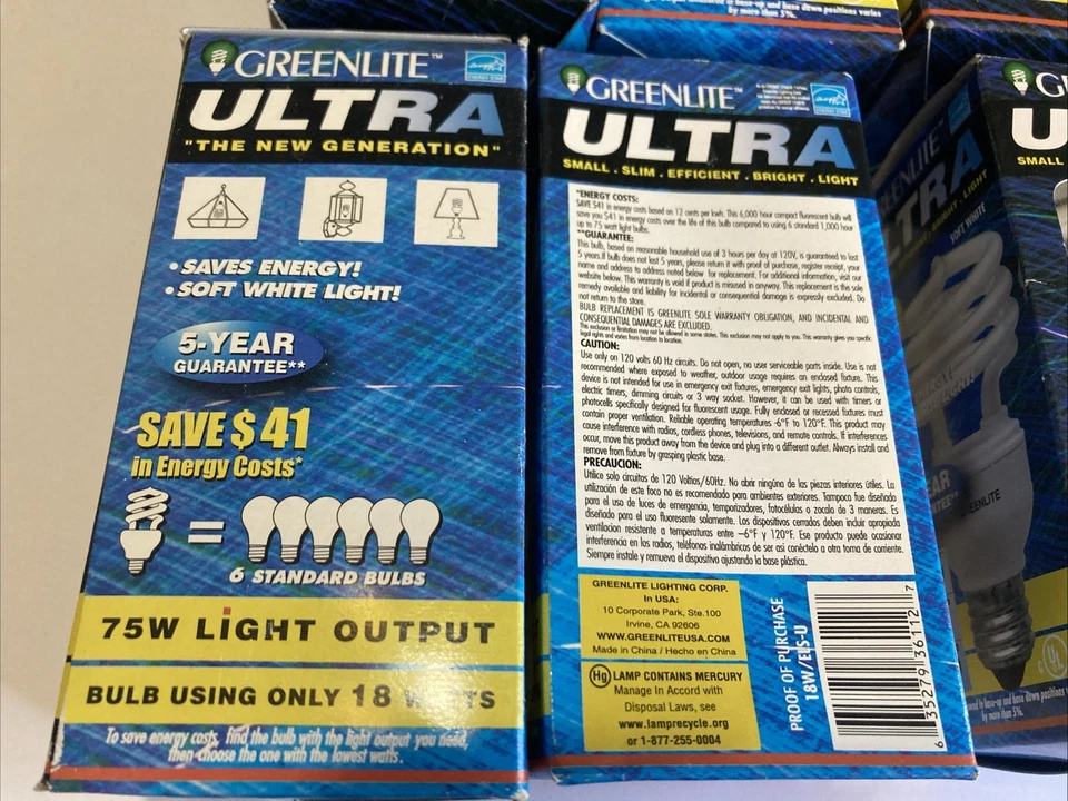 GREENLITE 75W Salida de Luz Bombillas Espiral Blancas 1100 Lúmenes 18W 6000 Hrs, Lote 15 Foto 3 de 4