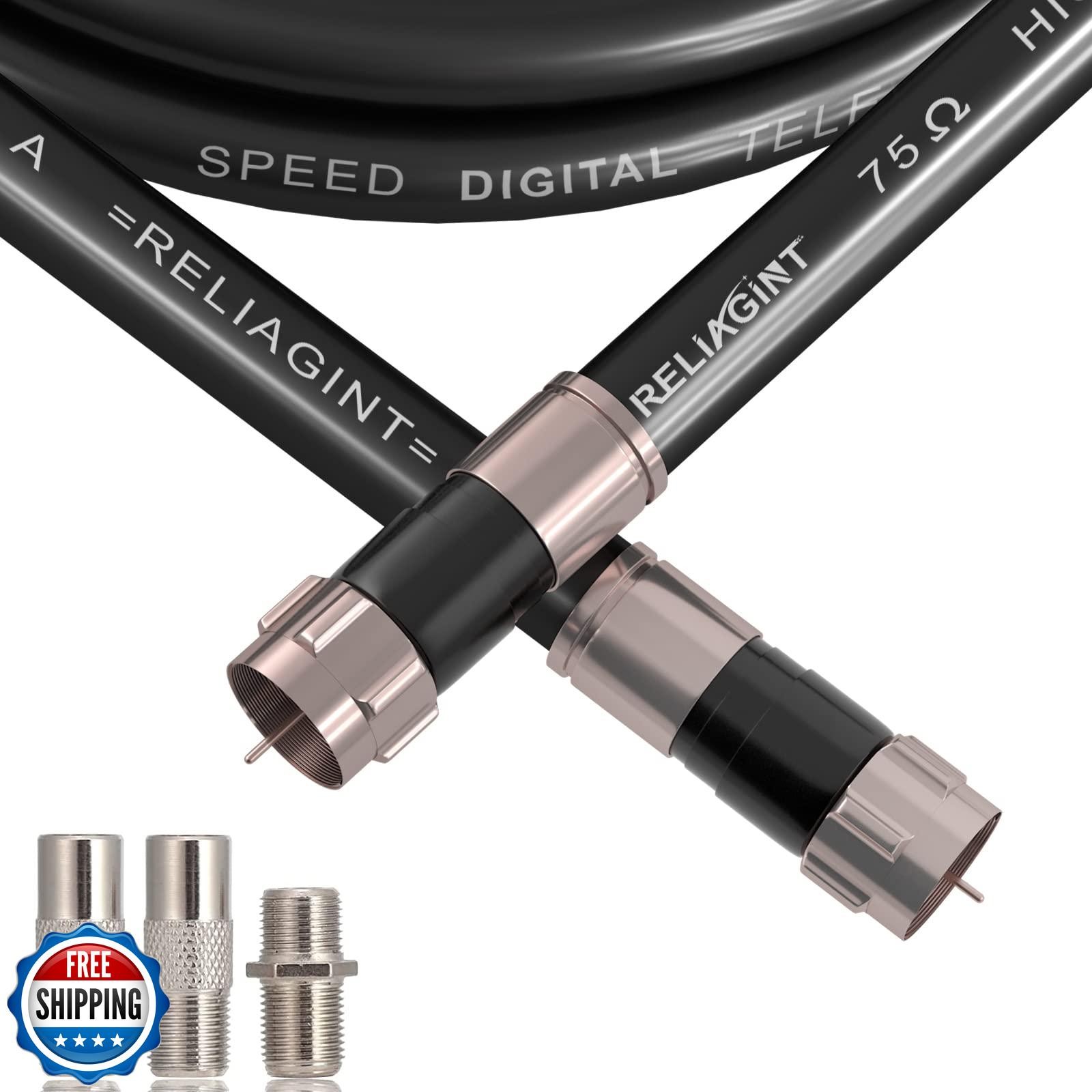 15ft Black RG6 Coaxial Cable with F Connector and F81 RF Female Coupler by RELIAGINT