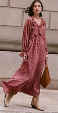 EUC LOFT Petites PXL Pink Floral Ruffle Tie V-Neck Long Sleeve Maxi Dress