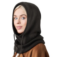 Hooded Scarf Hat Knit Balaclava Women Beanie One Size, 1 Pc Hat: Black
