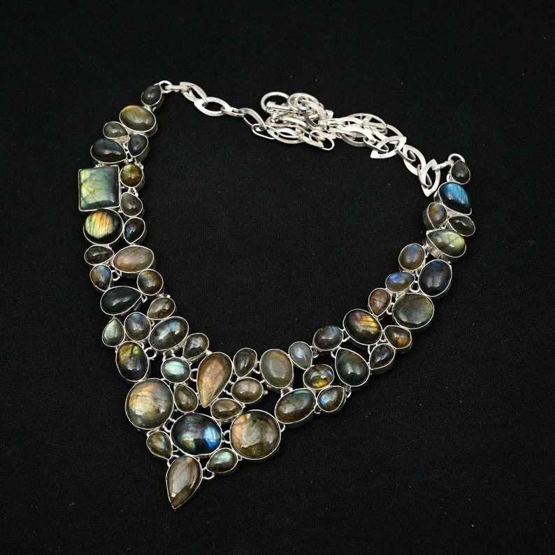 Natural Labradorite Gemstone Handmade 925 Sterling Silver Jewelry Necklace 18" - Image 2 of 4
