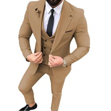 Mens 3 Piece Slim Fit Wedding Suit Brown Blazer Waistcoat Trousers Set