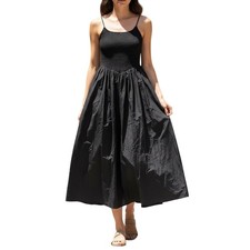 Dissh Milano Black Cotton Midi Dress Smocked Bodice Spaghetti Strap Size 4 Retro