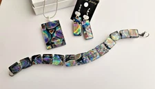 Handcrafted Multicolor Fused Dichroic Glass Pendant, Earring, Bracelet Set/New