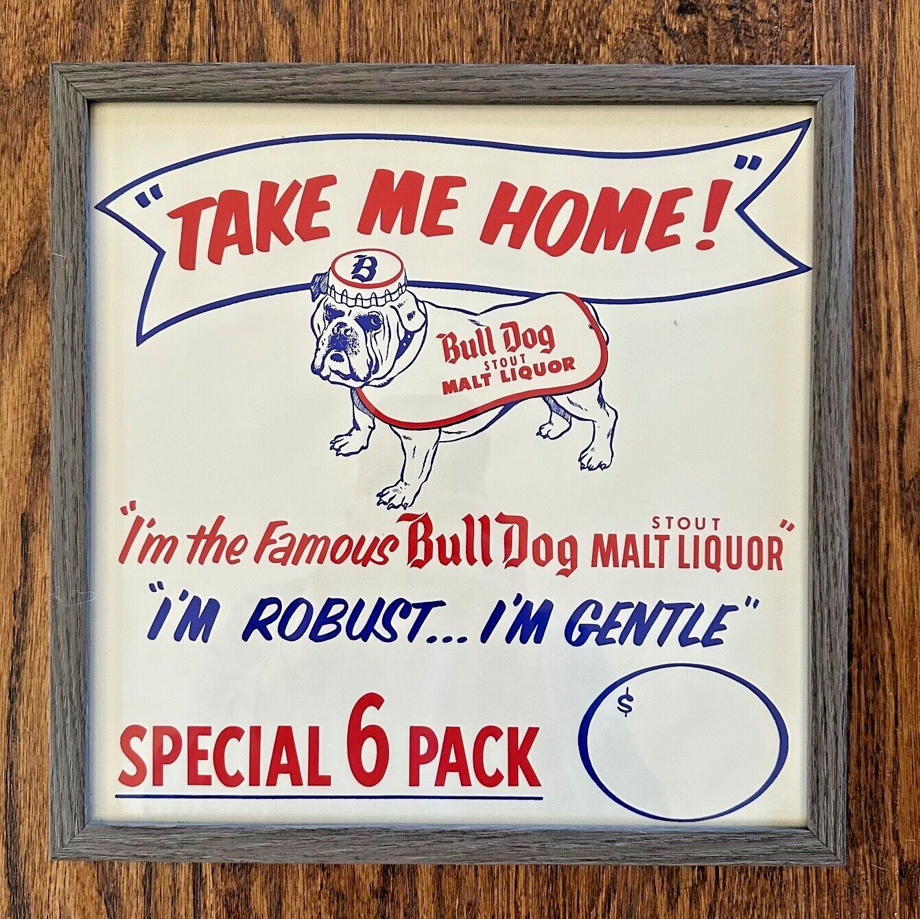 1950's BULL DOG Stout Malt Liquor Framed Lithograph Beer Sign ~ Grace Bros., CA