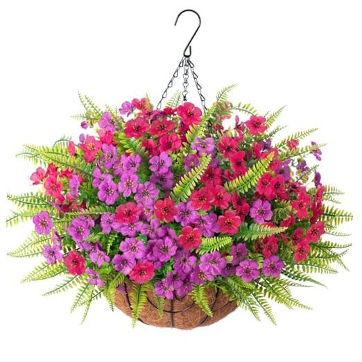 Artificial Fake Hanging Flowers Plants Basket for Outdoor Outside, Faux Mixed 2