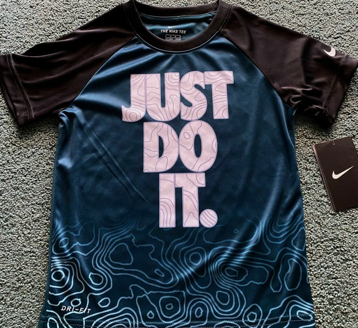 NWT Nike Little Boys 7 Dk Teal Black White Gray JUST DO IT Graphic Dri Fit Shirt