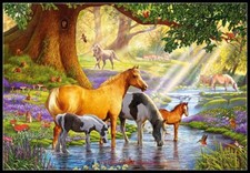 Horses By the Stream - Chart Counted Cross Stitch Patterns Needlework DIY DMC