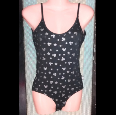 Disney Body Anzug / Trikot. Mickey Mouse Print S oder M Schwarz & Silber Yoga Tanz