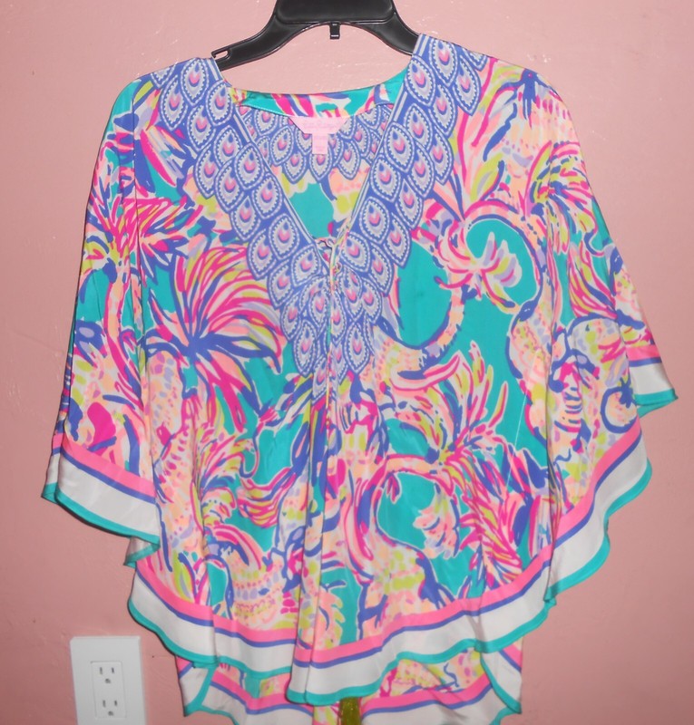 Sz  XXS Lilly Pulitzer top Safari Sighted Caftan silk tunic top feathers blouse