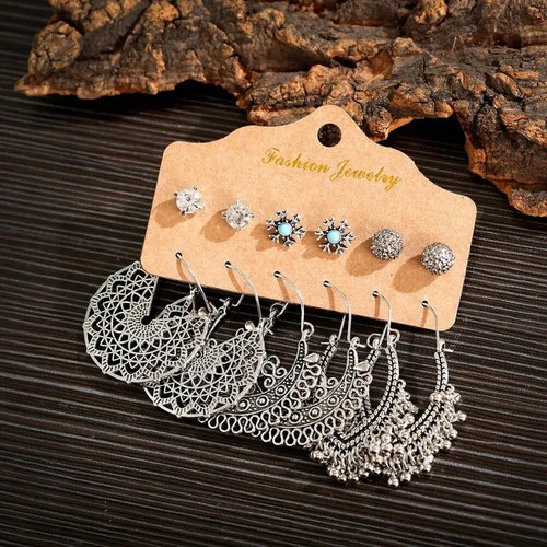 Bohemian Alloy Hollow Earrings Set Fashion Silver Colour Copper Beads Earrings - Picture 4 of 9