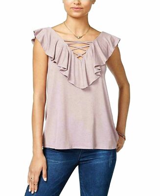 Hippie Rose Juniors Lace Up Ruffle Top Berry Blush [L]