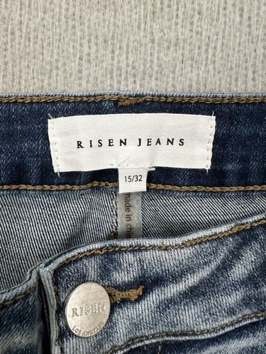 Risen Jeans Women 15 / 32 Blue Denim Shadow Hem Flare Distressed Crop NEW - Picture 11 of 13