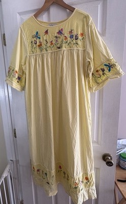 Quacker Factory Cotton Yellow White House Dress Womens 1X Embroidered Flowers