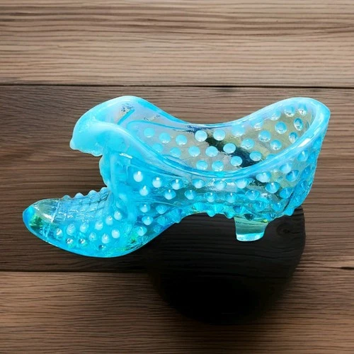 Vtg Blue Fenton Hobnail Cat Kitten Head Glass Slipper Shoe