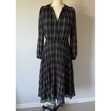 Ann Taylor Green Black Plaid Pleated Midi Dress V-Neck Lng Sleeve Sz 0 Heritage