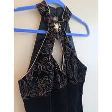 Vintage 80's / 90's Gunne Sax Halter Leaf Print Velvet Gold Trim Dress Sz 11/12