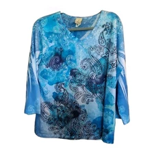 Jess and Jane Top Womens Sz Large Blue Ocean All Over Print Rhinestones Boho