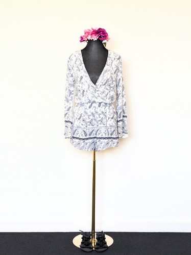 ZALORA White Blue Boho Wrap Vneck Long Flare Sleeve Romper Mini Playsuit Paisley - Picture 4 of 11