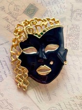 Vintage Black Enamel Mask Brooch Gold Tone Venetian Style Statement Pin