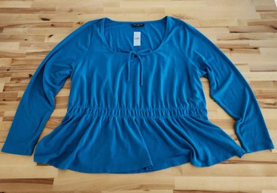 Lane Bryant Blouse Size 26/28 Blue Long Sleeve Square Neck Pointelle Knit flaw