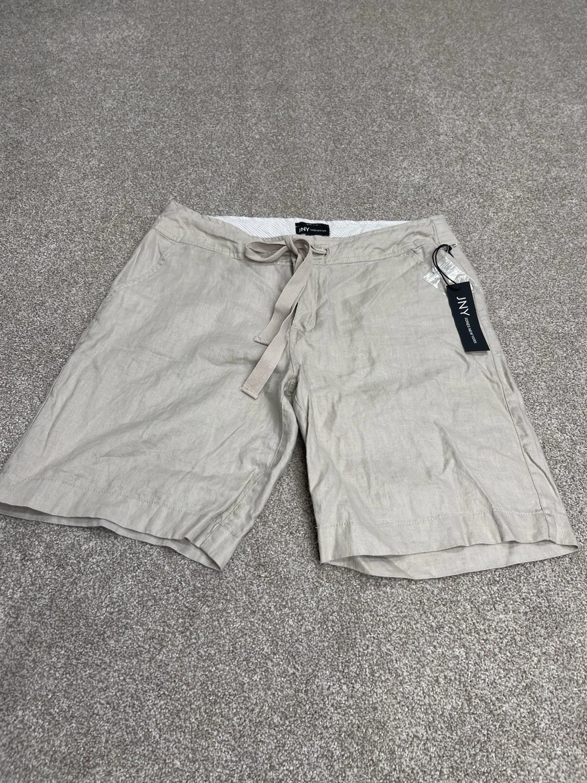 Coastal Nautical elevated casual JNY Linen Shorts 6 Tan Beige Bermuda Tie Waist