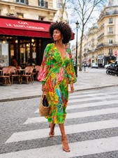 Antropologie Farm Rio Forest Multicolor V-Neck Long Sleeves Slit Midi Dress