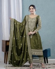 Classic Look Chinnon Silk Green Salwar Kameez With Dupatta For Wedding Wear