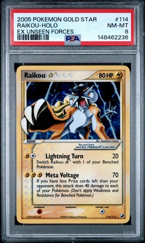 2005 POKEMON EX UNSEEN FORCES RAIKOU #114/115 GOLD STAR HOLO PSA 8