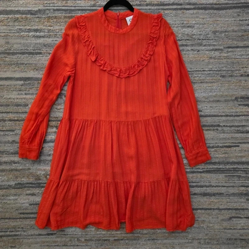 CKS S Orange Mini Dress Tiered Ruffle Long Sleeve Textured Rayon Viscose Boho