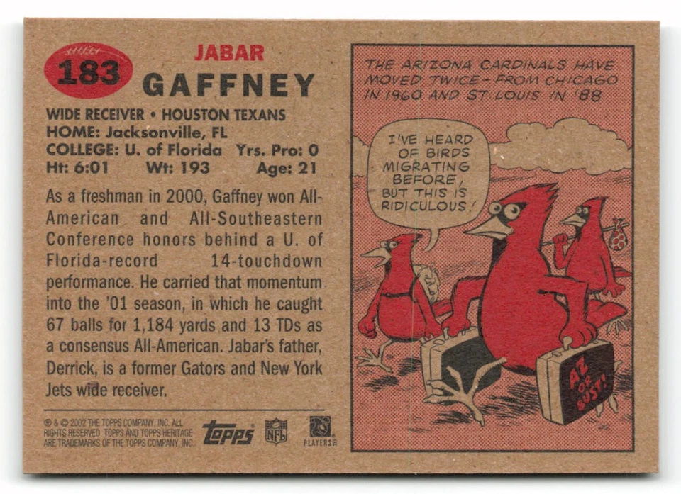 2002 Topps Heritage #183 Jabar Gaffney Rookie Houston Texans RC - Image 2 of 2