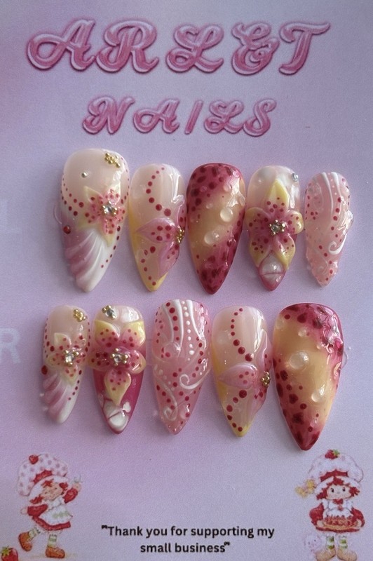 Short stiletto Full Cover press-on Nails 3D Floral Pink White Yellow Red Set
