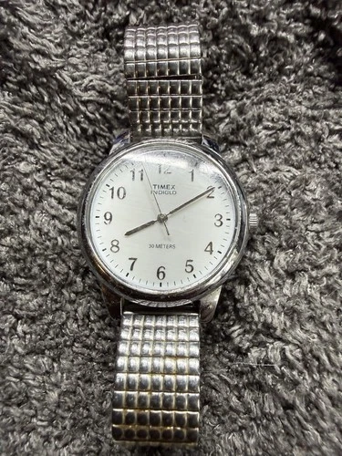 Vintage Timex Indiglo Quartz Watch Men Silver White Stretch Analog Runs