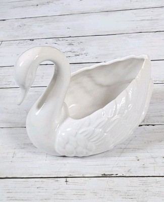 Vintage weiß Keramik Schwan Übertopf Schmuck Schale Schüssel Curios Regency Cottagecore