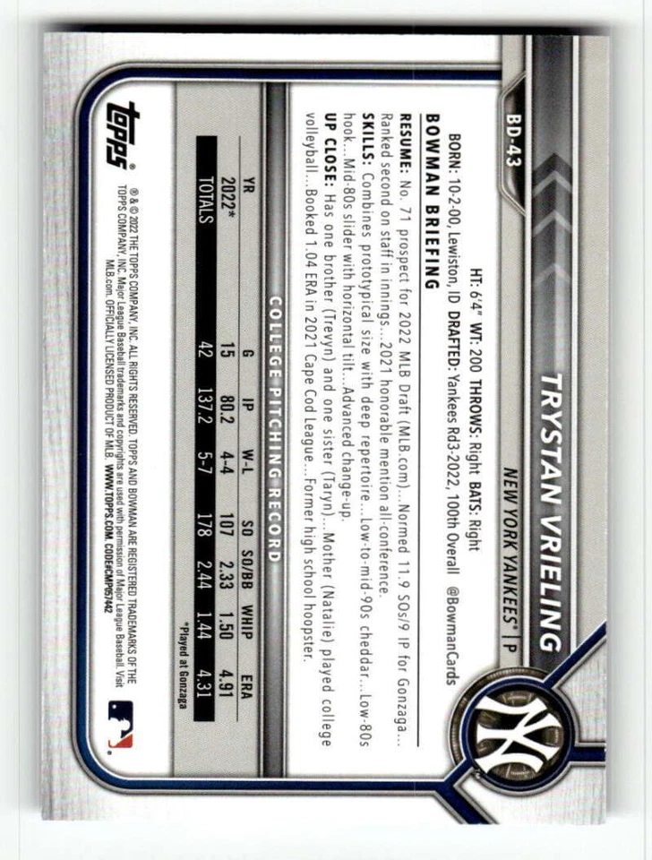 2022 Bowman Draft 1st Edition Blue #BD-43 Trystan Vrieling RC Rookie /150 Yankee - Image 2 of 2