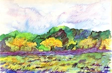 Landscape with Colorful Trees, Grasses,  Watercolor Original, LANDSCAPE