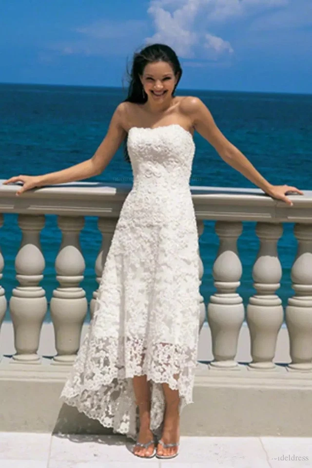 Simple Hi-Low Lace Beach Wedding Dress Strapless Bridal Gowns White Dancing New - Image 2 of 4
