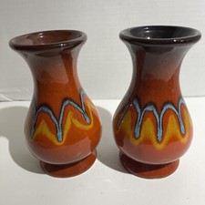 Vintage Italian Atomic Orange Vases Glazed Pottery Hand Painted 6 1/2" x 4” Set