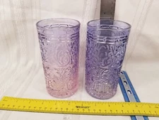 JAX Shannon By Godinger Crystal Set 2 Highball Glasses Purple Pink 14oz Embossed