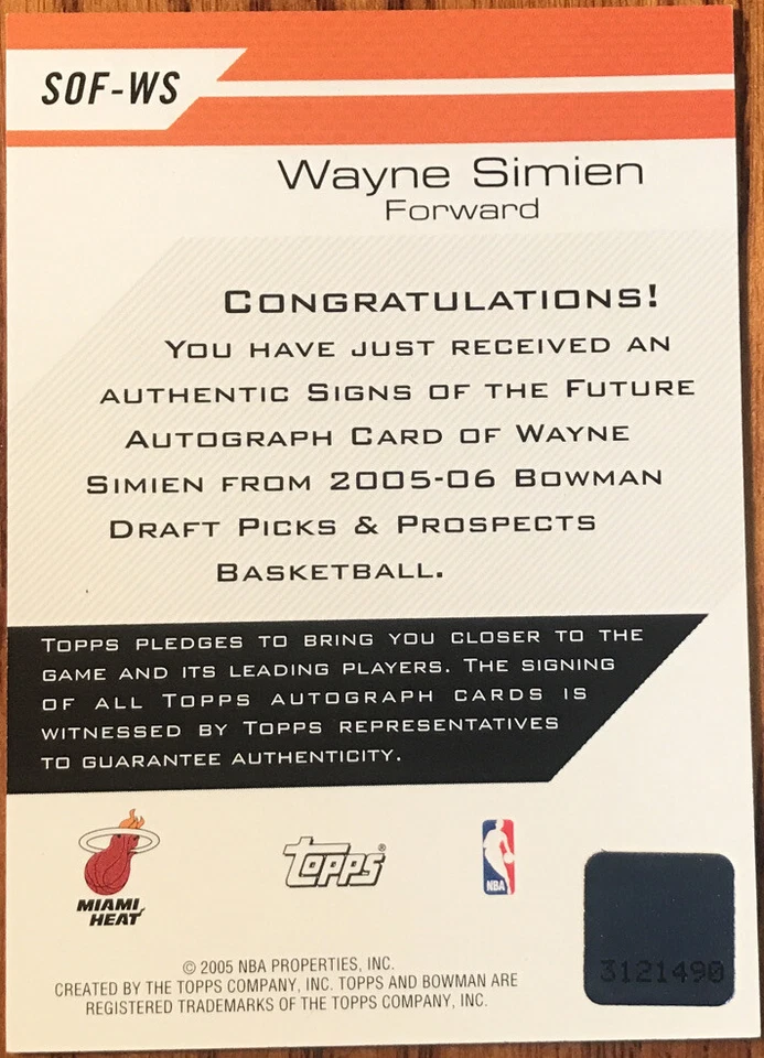 2005-06 Bowman Signs Of The Future Wayne Simien #SOF-WS Miami Heat - Image 2 of 2