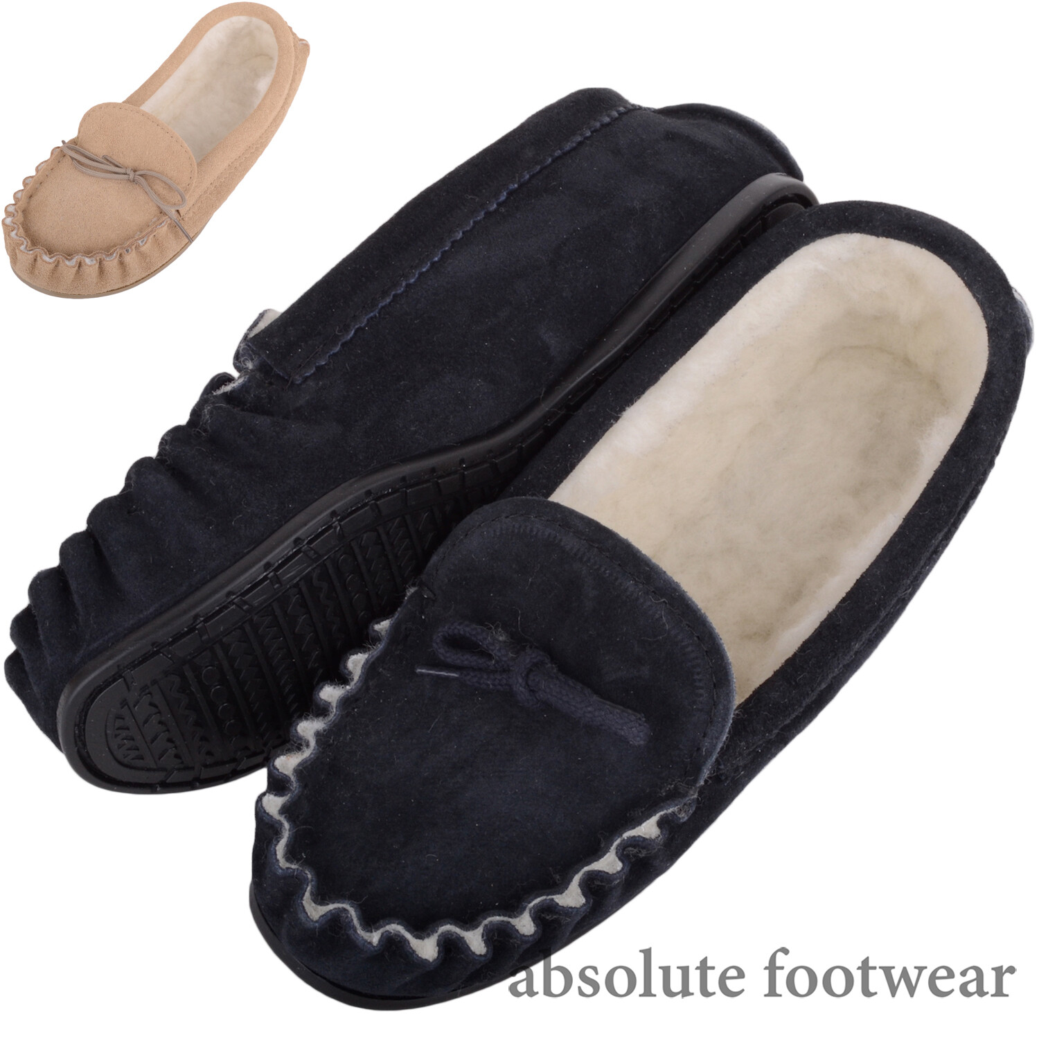 SAOLA Pantofole mocassino donna slip on scamosciato fodera lana suola PVC made in UK
