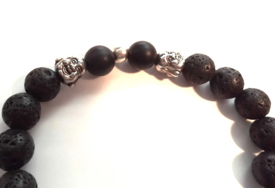 PULSERA ELÁSTICA CON CUENTAS 8.5" LAVA NEGRA PARA HOMBRE con BUDA PLATEADA 10mm NUEVA *EE. UU. Foto 3 de 4