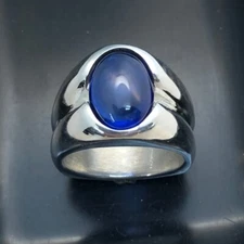 MJG STERLING SILVER MEN'S RING. 14 x 10mm OVAL LAB CREATED BLUE SAPPHIRE. SZ 10.
