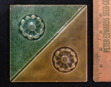 US Encaustic Tiling Co USET Co green and brown antique tile with rosettes