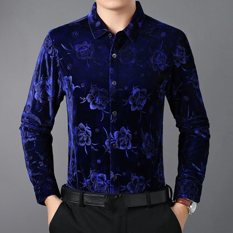 Retro Men Floral Velvet Shirt Slim Casual Long Sleeve Blouse Top Wedding Party - Image 3 of 4